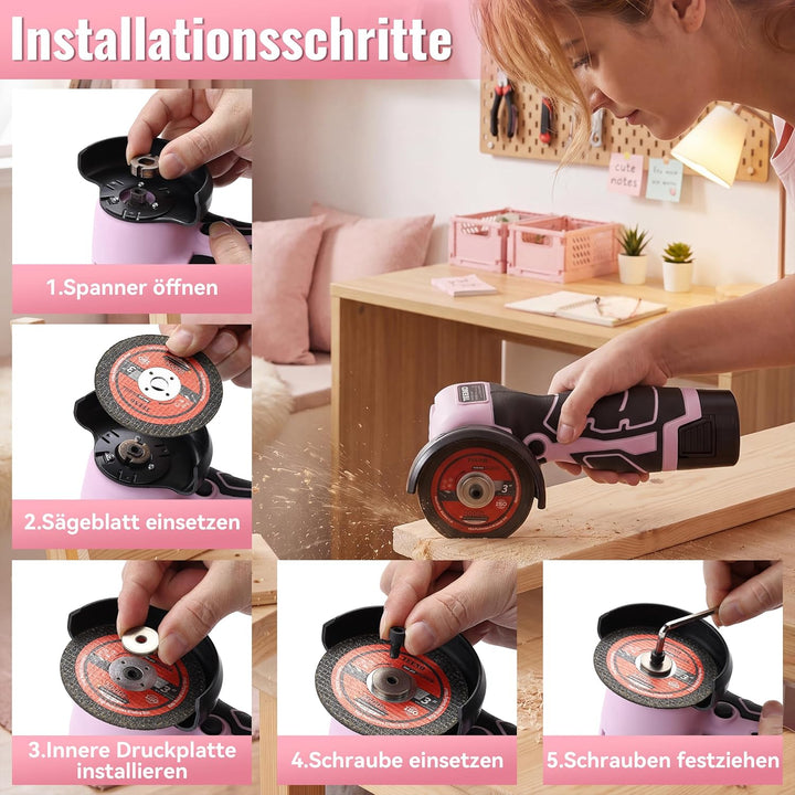 TEENO Mini Winkelschleifer Rosa 76 mm, Akku Winkelschleifer Kabellos 19.500 U/min mit 2 Akkus 2000 m