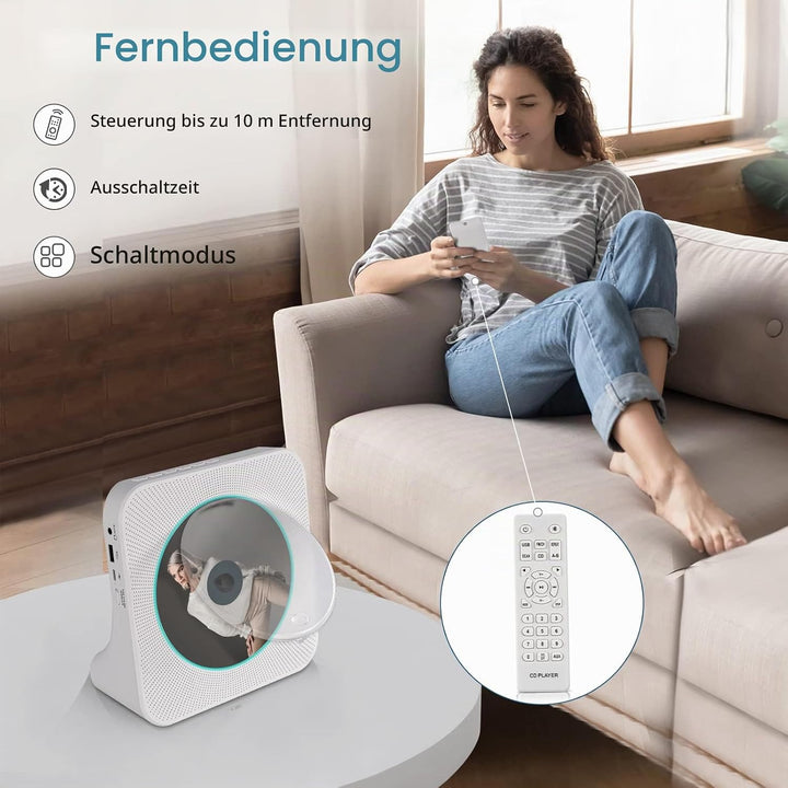 CD Player Tragbar, Bluetooth CD Player Klein Lautsprecher/USB-Lesegerät/FM Radio/Timer, LCD-Display,