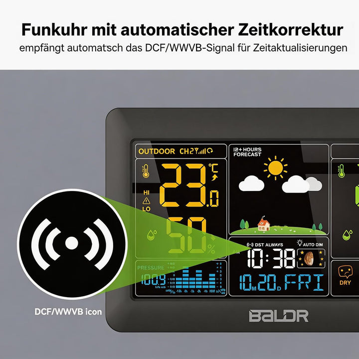 Konsen Wetterstation funk mit Aussensensor DCF Funkuhr, Grosses Farbdisplay mit Innen und Aussentemp