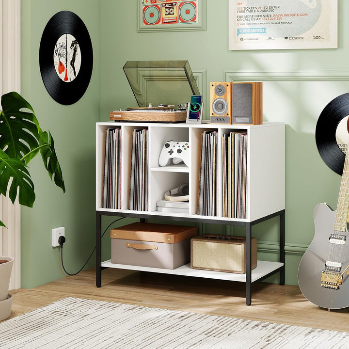 Giantex Plattenspielerständer, Aufbewahrungsschrank für Schallplatten mit Ladestation, 6 Fächer und