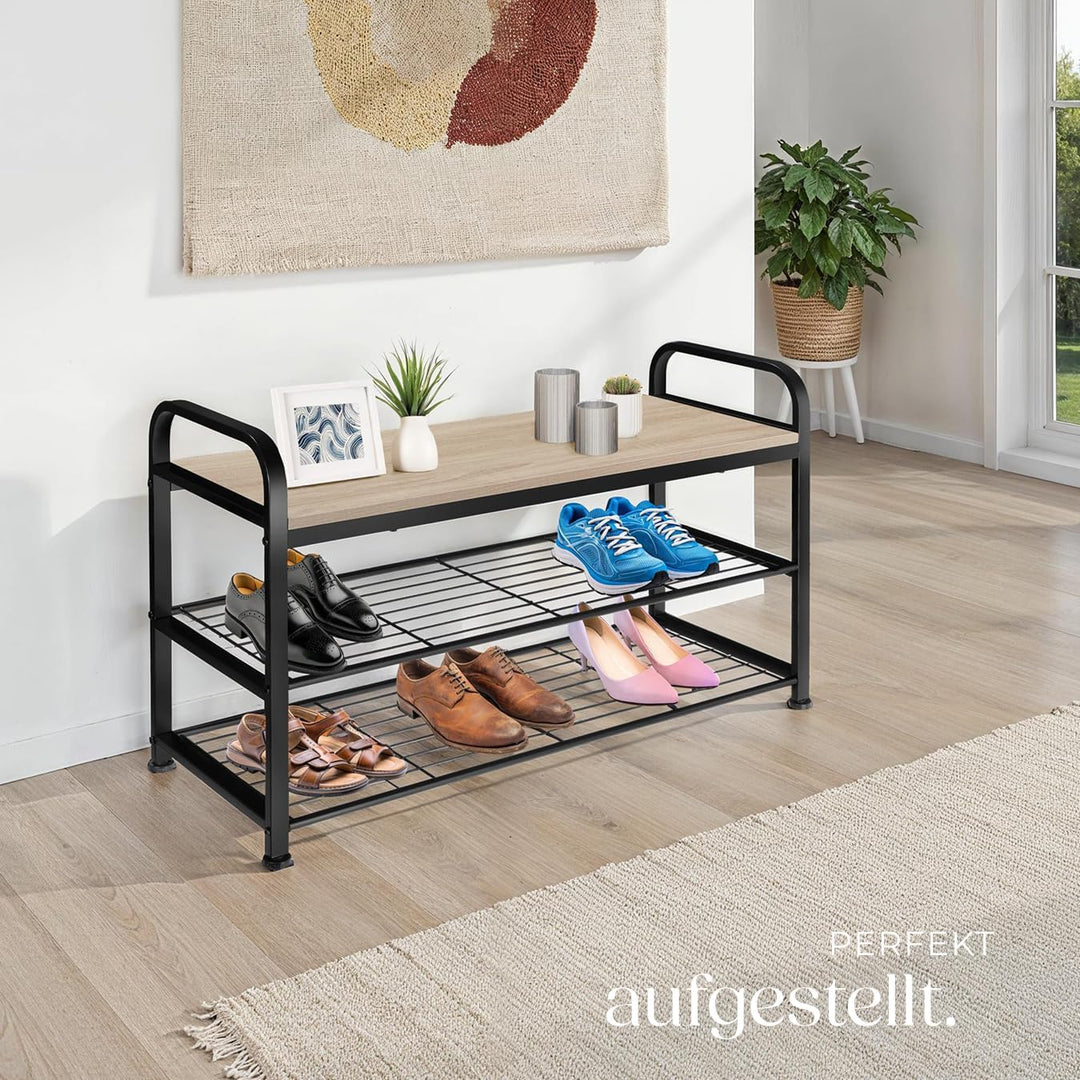 tectake 800951 Schuhregal mit Sitzfläche, Schuhbank aus Holz und Metall, Industrie-Design, 3 Ebenen