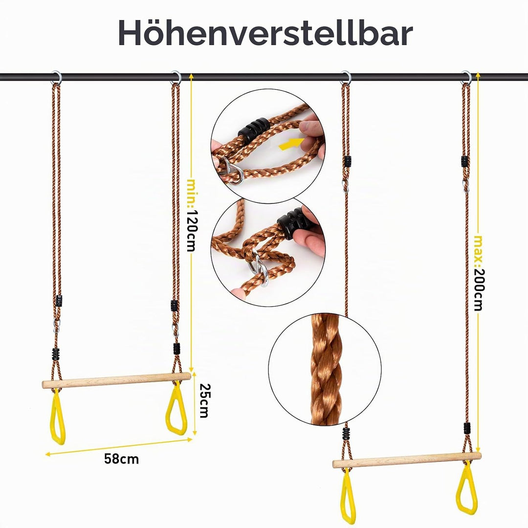 Leogreen Holztrapez mit Turnringen, Klimmzugstange für Fitness & Training im Freien, belastbar bis 1
