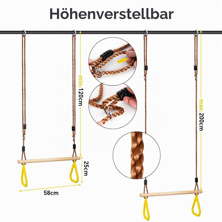 Leogreen Holztrapez mit Turnringen, Klimmzugstange für Fitness & Training im Freien, belastbar bis 1