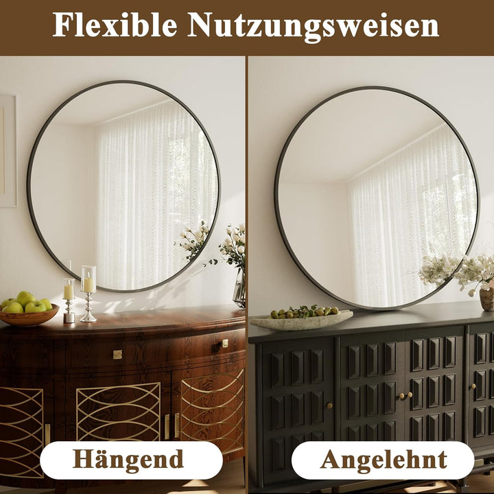 Spiegel Rund Schwarz 122cm, runder Wandspiegel mit Aluminiumrahmen, Einfache Montage, Modern Spiegel