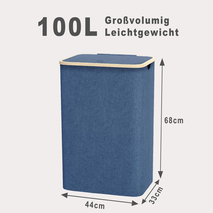 Schmaler Wäschekorb mit Deckel 100L, Bambusdeckel &amp; herausnehmbarer Wäschesack, hoher Wäschesammler