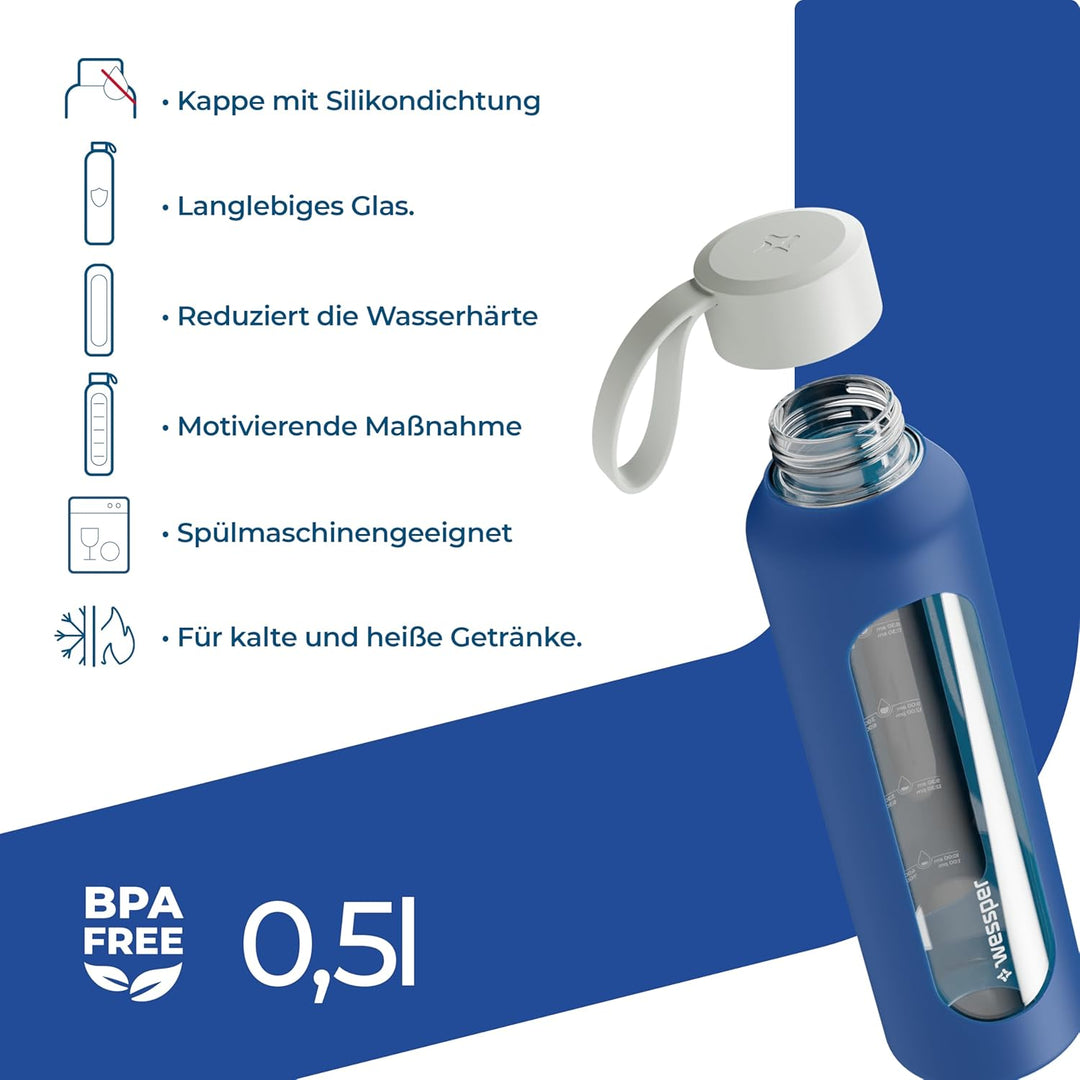 Wessper Trinkflasche Glas 500 ml, Motivations wasser glasflasche mit Hydrationsskala, borosilikatgla