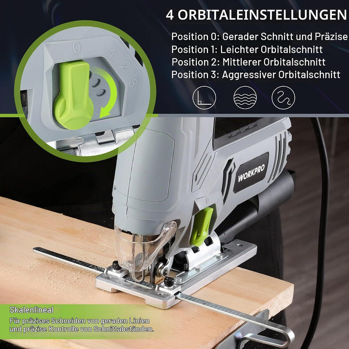 WORKPRO Stichsäge 600W, 3000 SPM mit 6 Geschwindigkeiten &amp; 4 Orbitalpositionen, Schnellem Klingenwec