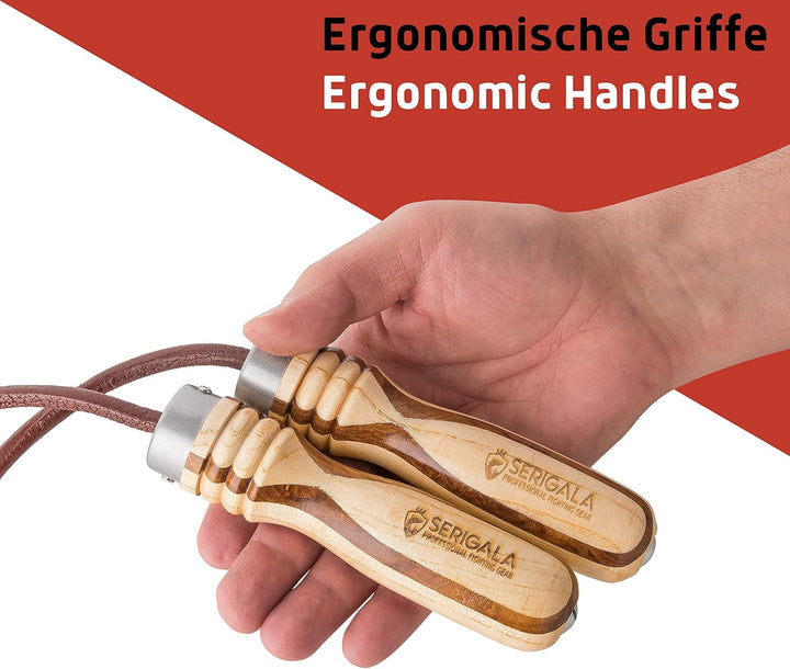 Serigala Profi Springseil aus Leder mit Holzgriffen - Lederspringseil mit Kugellagern und Gewichten