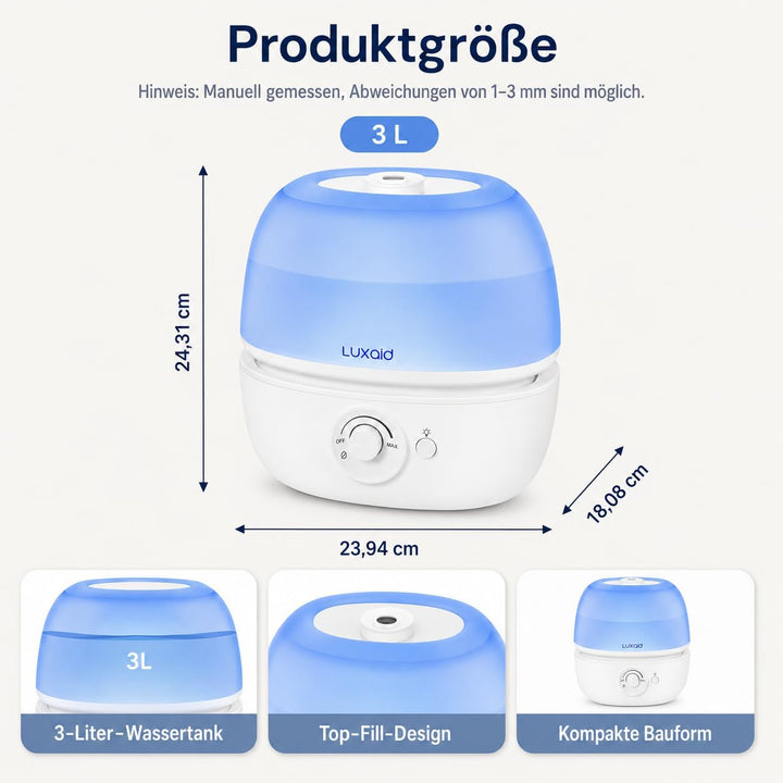 3L Luxaid Luftbefeuchter Schlafzimmer, ultraleiser 20dB, Top-Fill Luftbefeuchter für grosse Räume, B