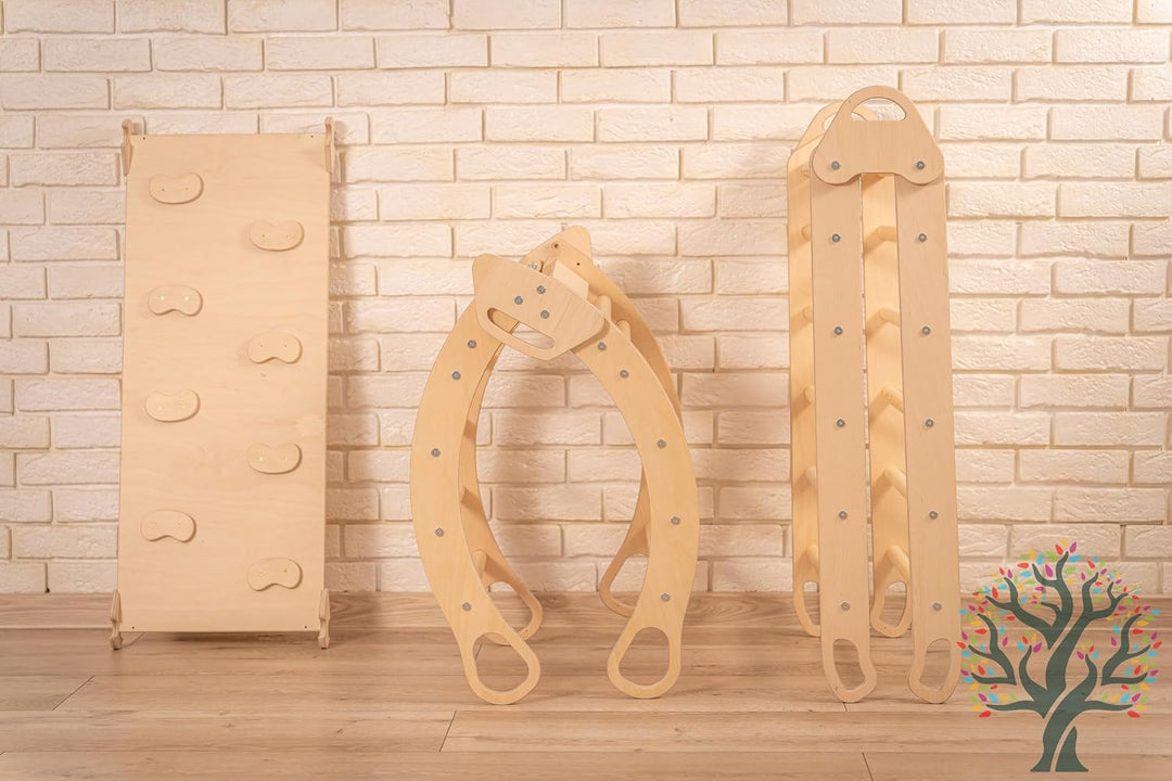 WoodsCraft 4in1 Set: Grosse Kletterbogen mit Kissen & Kletterdreieck mit 2in1: Rutsche Indoor/Klette