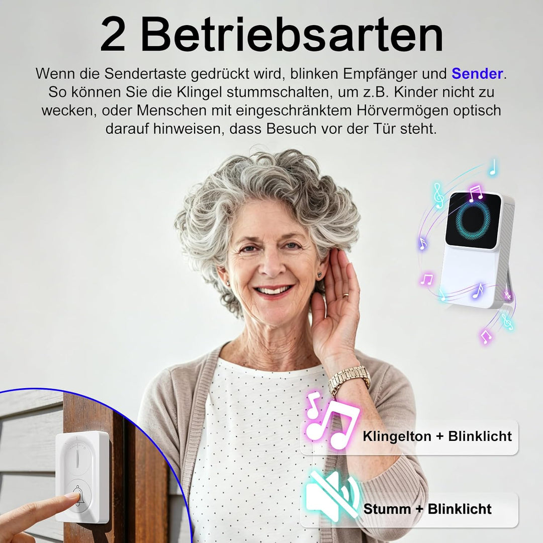 Doppelstromversorgung Funkklingel Set (1 Sender + 1 Empfänger), Batteriebetrieb oder USB-C, zahlreic