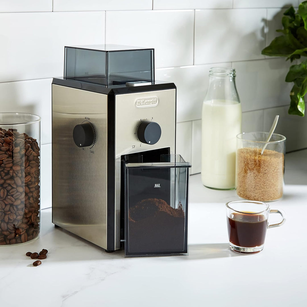 De'Longhi KG89 KG 89 Professionelle Kaffeemühle für bis zu 12 Tassen, Kunststoffgehäuse, silber, 110