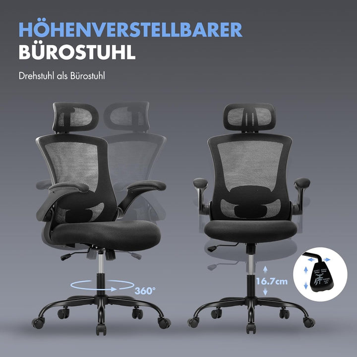 COLAMY Bürostuhl Ergonomisch, Netz-Schreibtischstuhl mit Verstellbarer Kopfstütze, Chefsessel Office