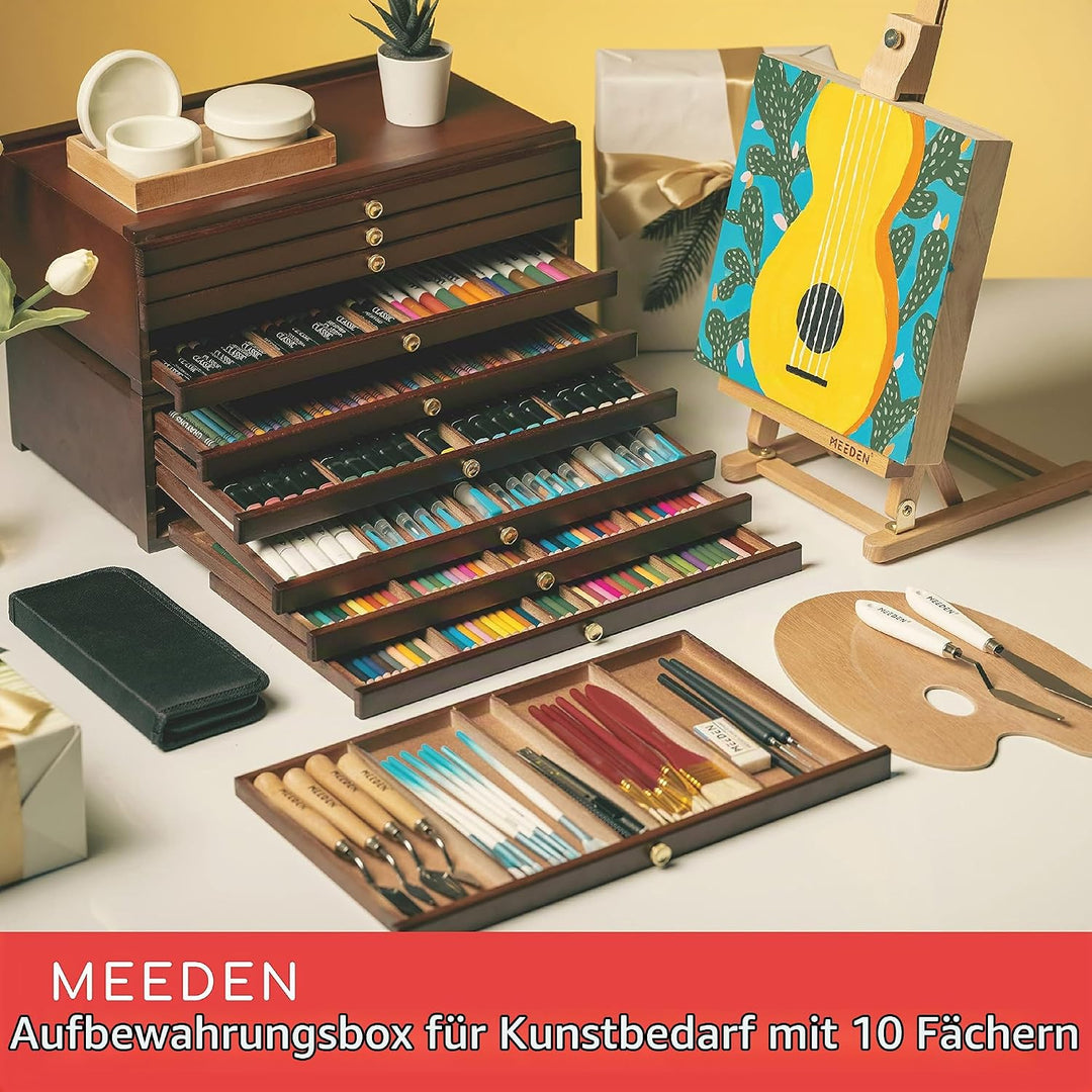 MEEDEN Holz Staffelei Walnuss mit 10 Schubladen -Grosse Bleistiftbox aus Buchenholz mit Schubladen u