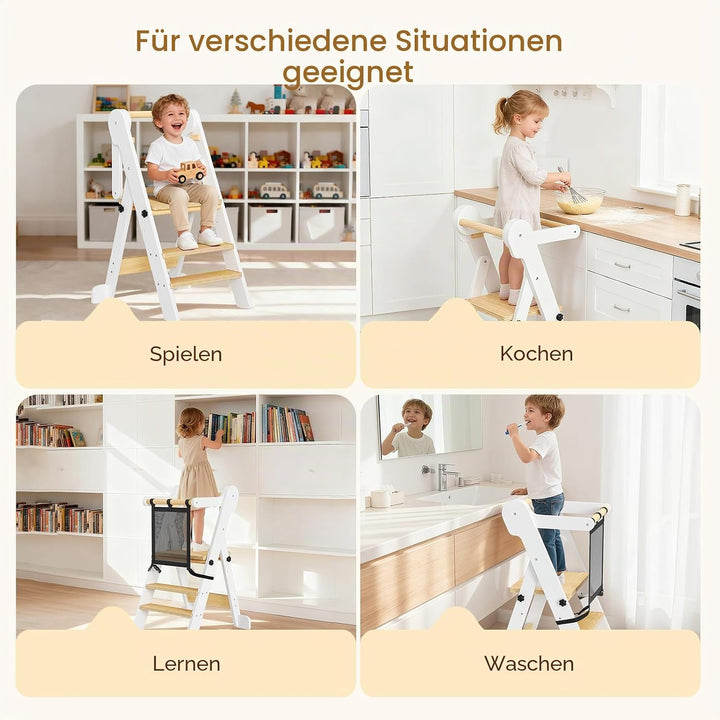 Kinder Lernturm klappbar Tower Mit Netzbeutel,Faltbarer Montessori Lernturm, 2-stufiger Höhenverstel