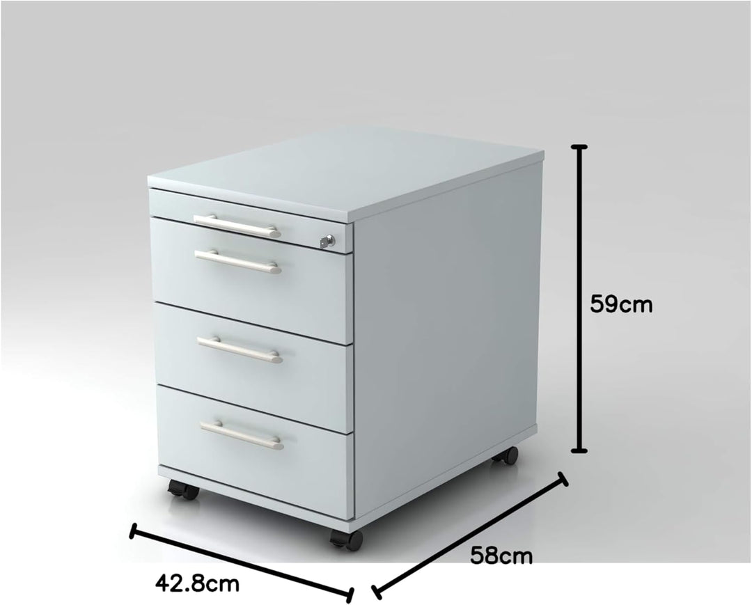 Bümö® Rollcontainer mit 3 Schüben & Schloss | Bürocontainer aus Holz | Tischcontainer mit Rollen | i