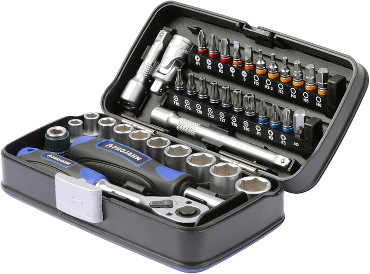 Projahn Mini Steckschlüssel und Bit-Box 38-tlg. (kompaktes Set mit verschiedenen Steckschlüssel, far