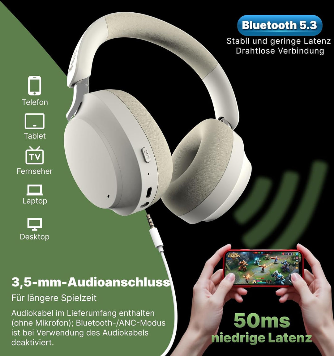 Hmusic MS04 4-Mic Aktive Noise Cancelling-Kopfhörer, 2 Mic ENC, 80H Spielzeit, Over-Ear-Bluetooth-Ko
