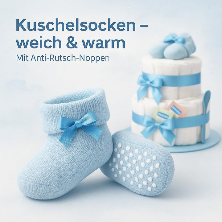 Windeltorte Junge 2 stöckig in Blau mit Babysocken, Geschenke zur Geburt für die Mutter, Taufe oder
