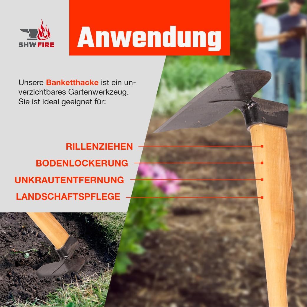 SHW-FIRE Banketthacke mit Breitblatt für effizientes Gärtnern mit 110cm Eschenholzstiel - hochwertig