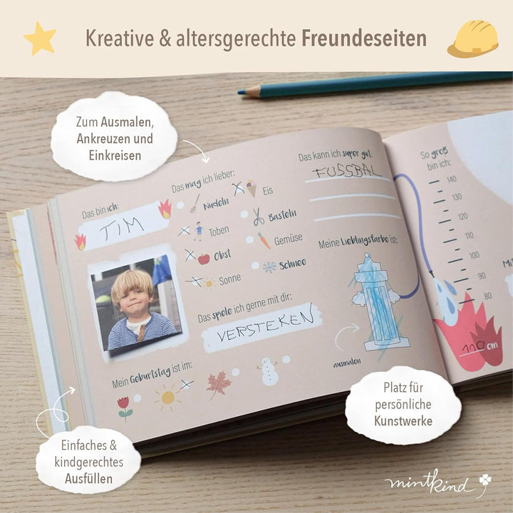 mintkind® Freundebuch Kindergarten Fahrzeuge, Freundschaftsbuch Jungen und Mädchen, Ausfüllbuch Kita