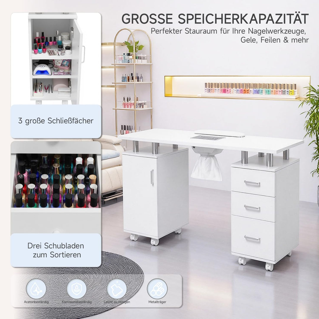 Maniküre Tisch, Nageltisch für Nail Tech mit 3 Schubladen 3 Aufbewahrungsschränke, Staubsammler Hand