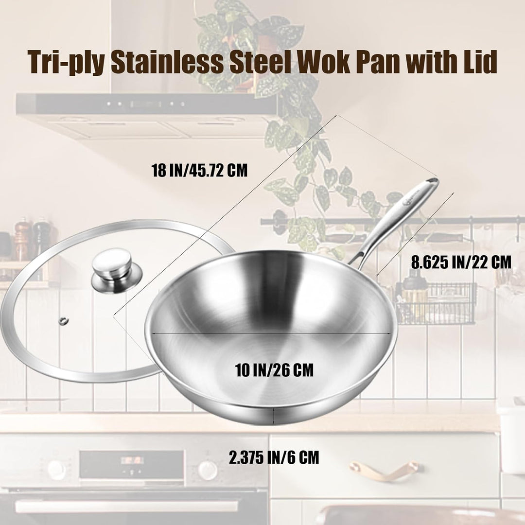 LOLYKITCH Wokpfanne Edelstahl 26 cm mit Deckel, Unbeschichtete Wok Pfanne für Induktion &amp; Gasherd, E