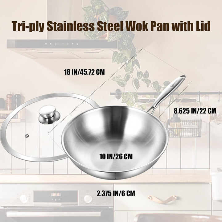 LOLYKITCH Wokpfanne Edelstahl 26 cm mit Deckel, Unbeschichtete Wok Pfanne für Induktion &amp; Gasherd, E