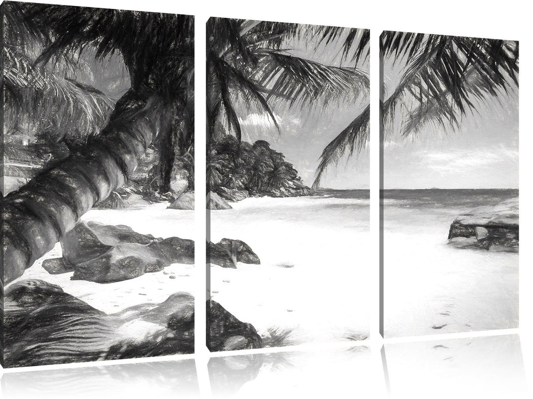 Pixxprint Palmenstrand Seychellen Kunst / 3-Teilig/Gesamtmass 120cm Leinwandbild bespannt auf Holzra