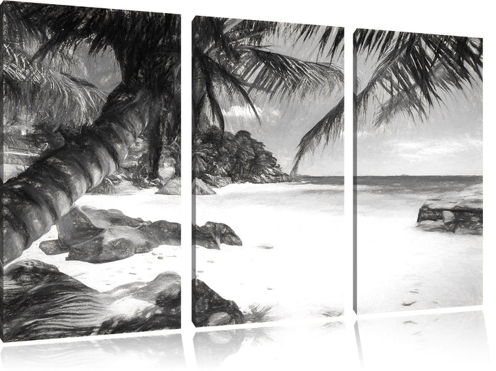Pixxprint Palmenstrand Seychellen Kunst / 3-Teilig/Gesamtmass 120cm Leinwandbild bespannt auf Holzra