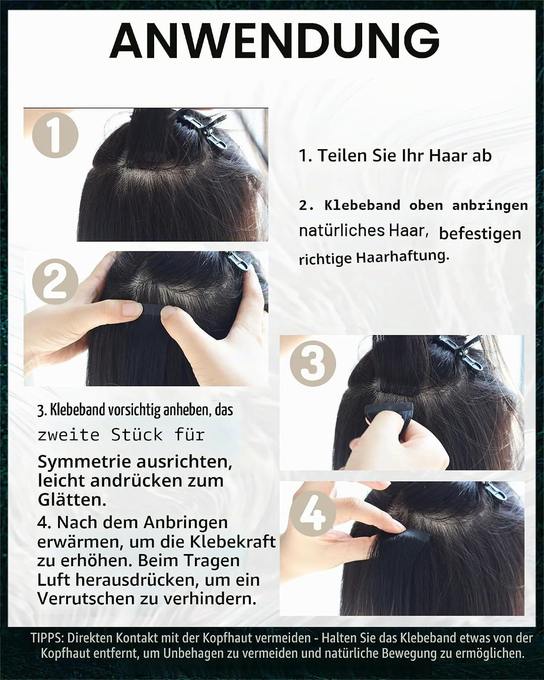 RUNATURE Tape in Extensions Echthaar Schwarz Ombre Grün Echthaar Extensions Tape 35cm 20 Stück 40g 