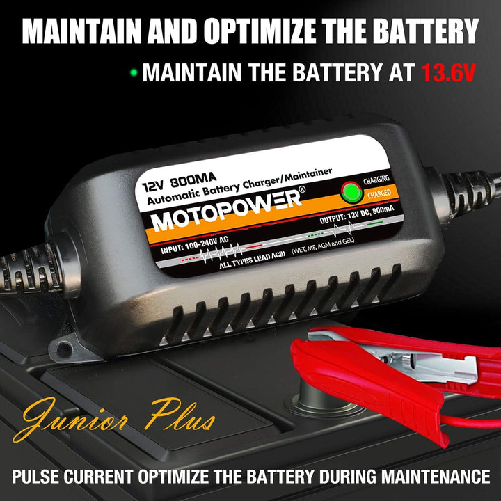 MOTOPOWER MP00205C 12V 800mA Automatisches Ladegerät/Maintainer für Autos, Motorräder, ATVs, Wohnmob