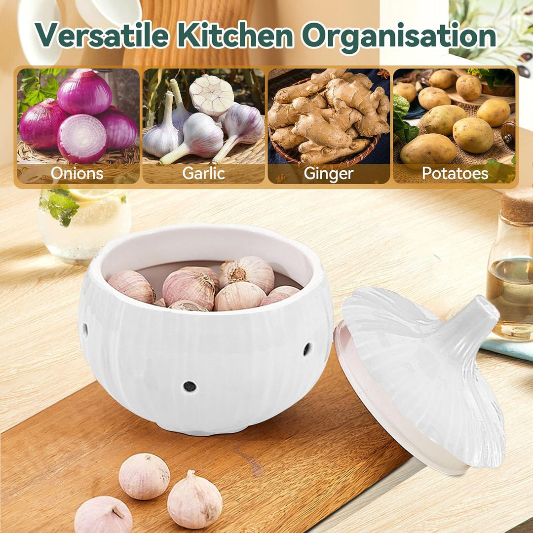 MARUKO Knoblauch Aufbewahrung, Keramik Zwiebeltopf, Keramik-Aufbewahrungstopf für Knoblauch mit Belü