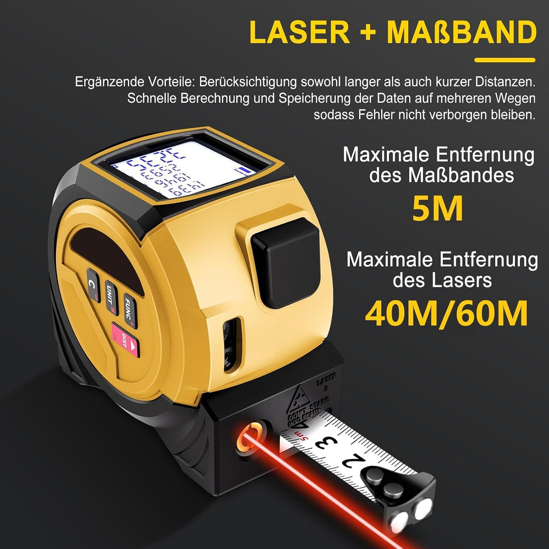 Laser Massband, 40m/60m Laser-entfernungsmesser und 5m Bandmass und Kreuzlaser, Speicher für 20 Mess