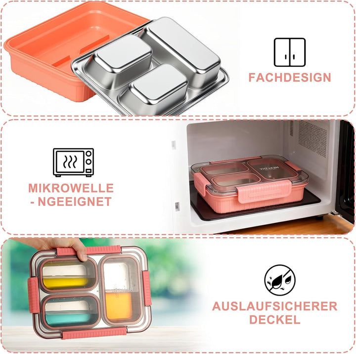 Edelstahl Brotdose Kinder 900ml Metall Bento Lunchbox,Brotdose mit 3 Trennfächern,Bento Lunch Box Ki