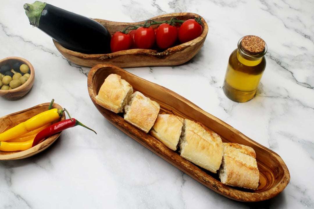 DAGDEG Olivenholz Schale länglich 35 cm – Rustikale Holzschale für Brot, Obst & Deko, Handarbeit aus
