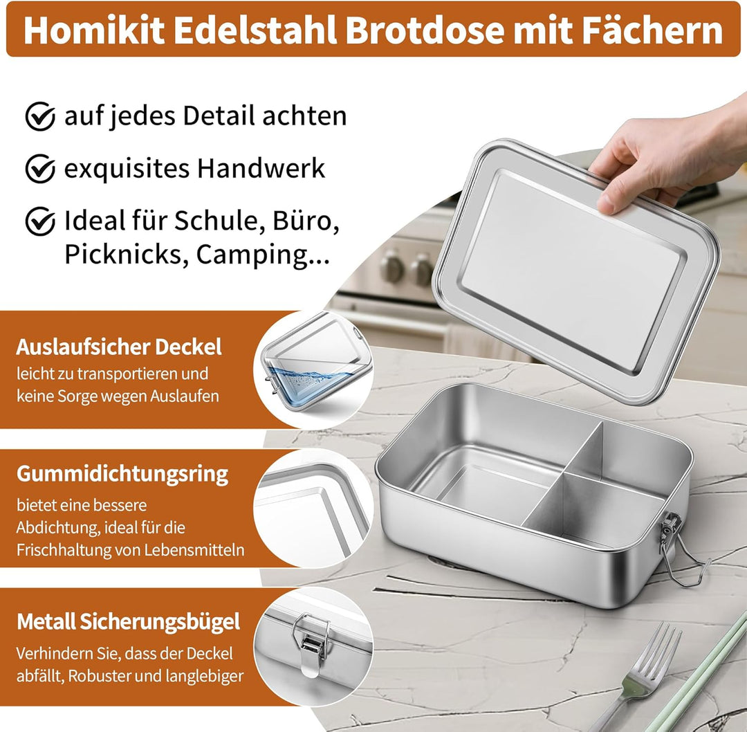 Homikit Brotdose mit Fächern, Edelstahl Bento Box Lunchbox mit Tasche, 2400ml Lunch Box für Kinder &