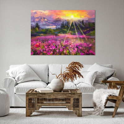 Bilder auf Leinwand 100x70cm Leinwandbild mit Rahmen Berge Blumen Blumen Gross Wanddeko Bild Schlafz