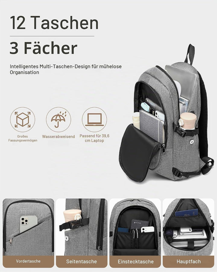 KONO Laptop Rucksack für Herren und Damen, Wasserdichter und Diebstahlsicher Business Laptoprucksack