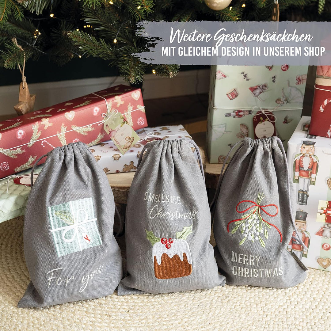 Papierdrachen Geschenkverpackung Weihnachten 2025 - Stoffbeutel 3er Set - 20x30 cm - grau - mit Stic