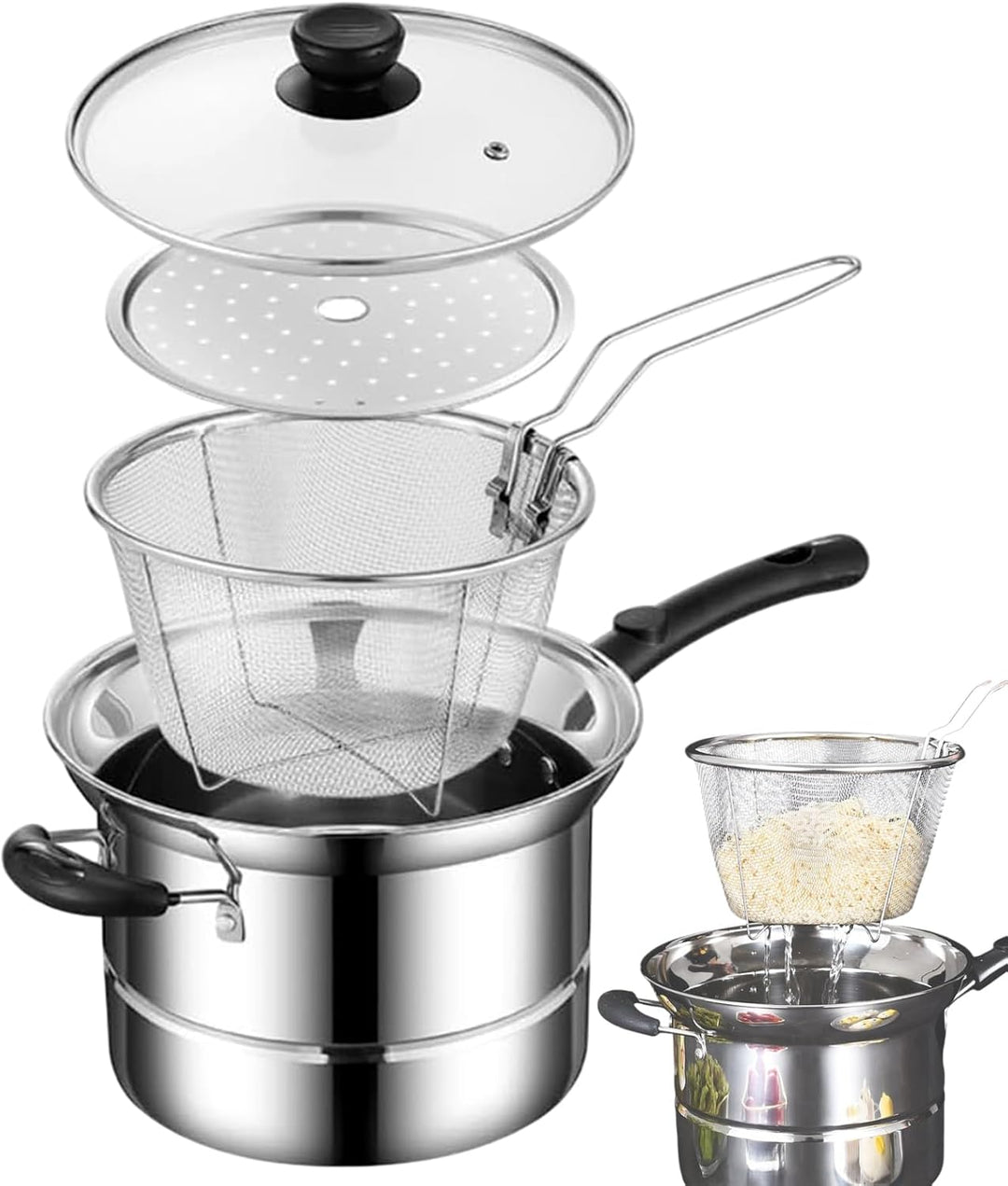 Deep Fryer Topf, Edelstahl, Bratpfanne, 20,6 x 14,3 cm, multifunktionaler Strainer im Lieferumfang e