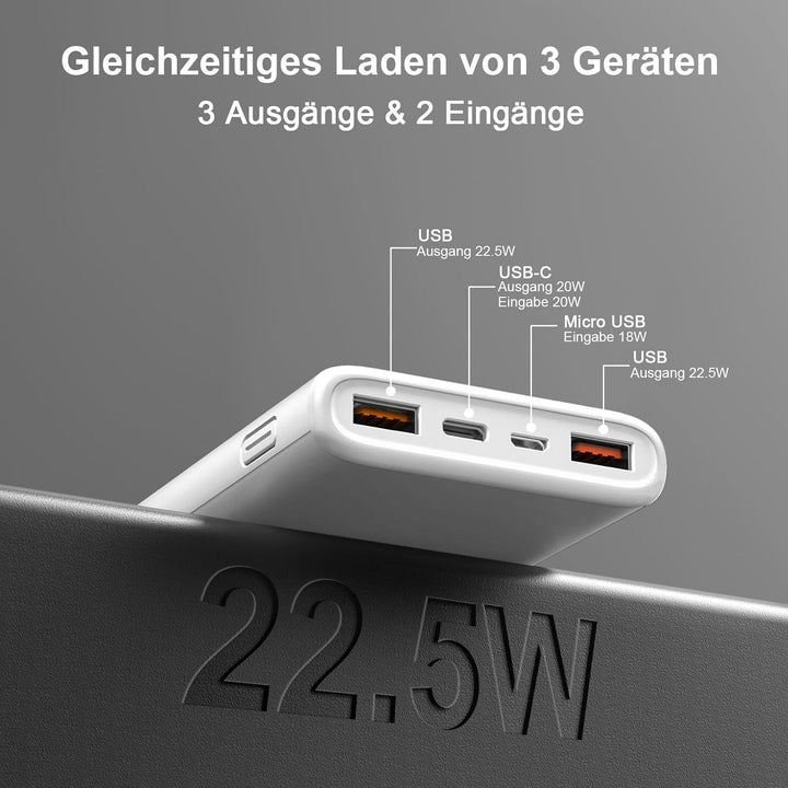 Coucur Power Bank 10000mAh, USB C Powerbank 22.5W Schnellladefunktion, Externe Handyakkus mit LED Di