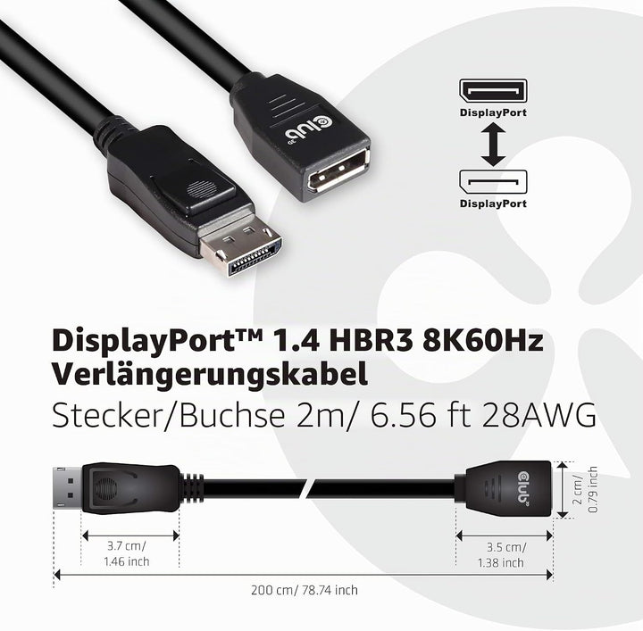 Club 3D DisplayPort-Kabel 1.4 Verlängerungskabel 2Meter, CAC-1022 2 m, Stecker-Buchse, 2 m, Stecker-
