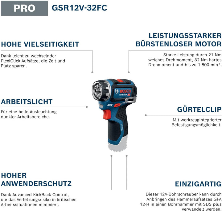 Bosch PRO 12V System Akku-Bohrschrauber GSR12V-32FC (inkl. 2,0 Ah, GAL 12V-20, GFA 12-M, GFA 12-X, G