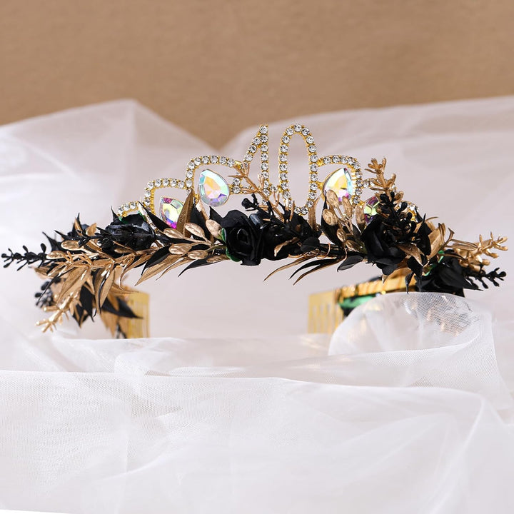 Geburtstagskrone Schärpe Set, Schwarz-Goldene Blumen Tiara Krone und Schärpe, Geburtstagsgeschenk fü