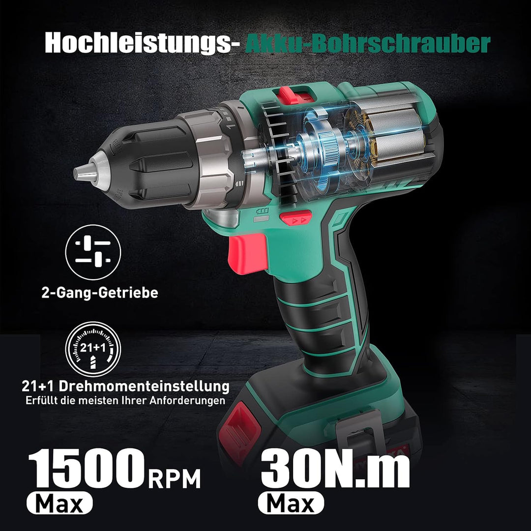 HYCHIKA DIY Werkzeugkoffer Gefüllt Profi, mit Akku Bohrschrauber 30Nm + 104-tlg Hochwertiges Haushal