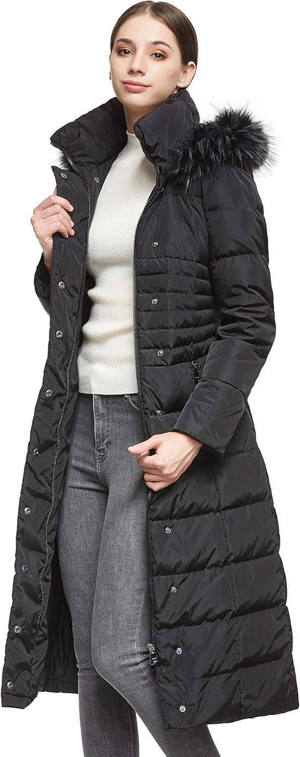 Orolay Damen Daunenjacke mit Langem Pelz-Kapuzenmantel mit Raglanärmeln Schwarz XS, Schwarz XS