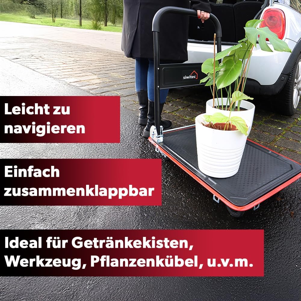 siwitec Plattformwagen, Transportwagen klappbar 150kg, inkl. Spanngurte, Rollwagen, Handwagen, Trans