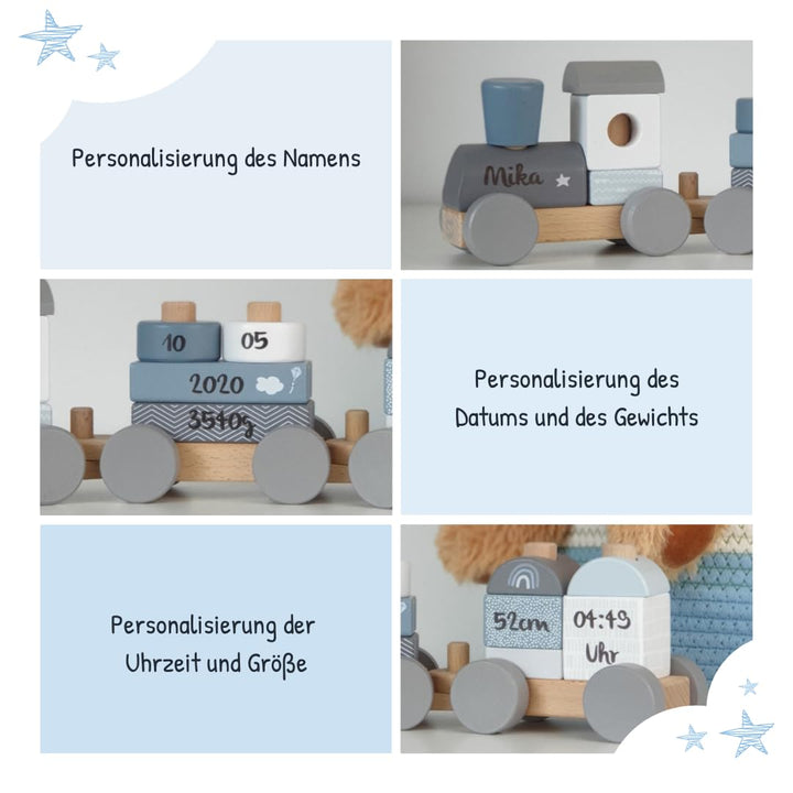 KIDSLINO Holz Eisenbahn blau - personalisierbar, zur Geburt Jungen, Handmade Holzspielzeug mit Steck