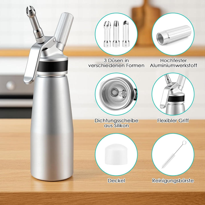 500ml Sahnespender, Sahnesyphon Aluminium, mit 3 Edelstahl Deko-Düsen (Lotus, Stern, Kreuz) & Reinig